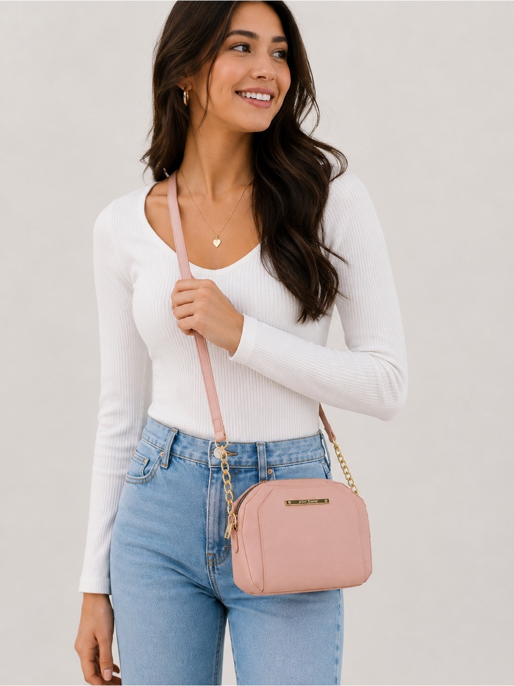 Betsey Johnson Blush Pink Crossbody Bag Gold Chain Accent Purse